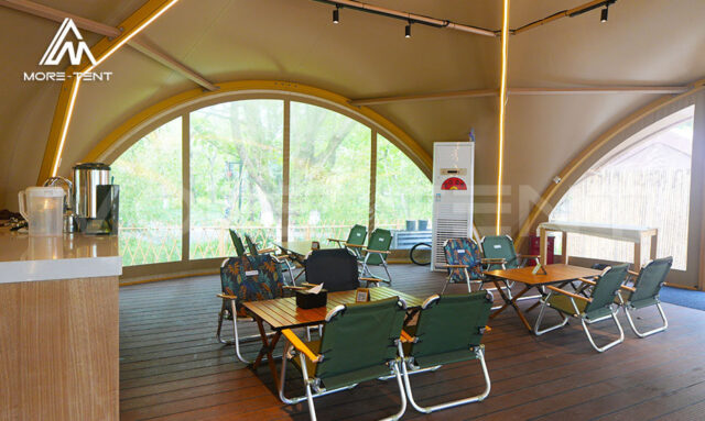 Modular Canvas Safari Tent installed on a beach with panoramic ocean view