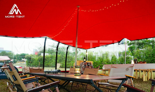 Tent interior with string lights