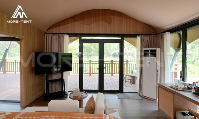 Luxury outdoor camping tent equipped with bathroom and air conditioning