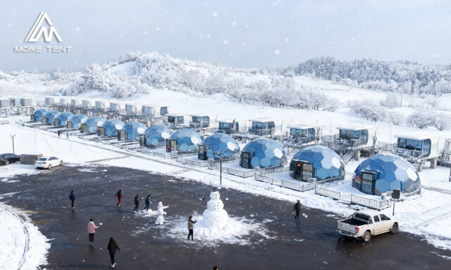 Glass Dome Hotel with three layer insulation in winter snow scene
