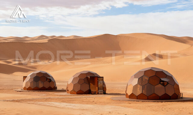 Warm indoor environment of insulated glass dome in snowy campsite