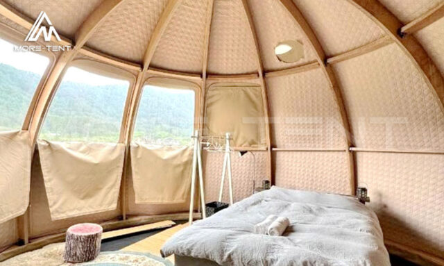 Wooden dome house with large panoramic PVC windows