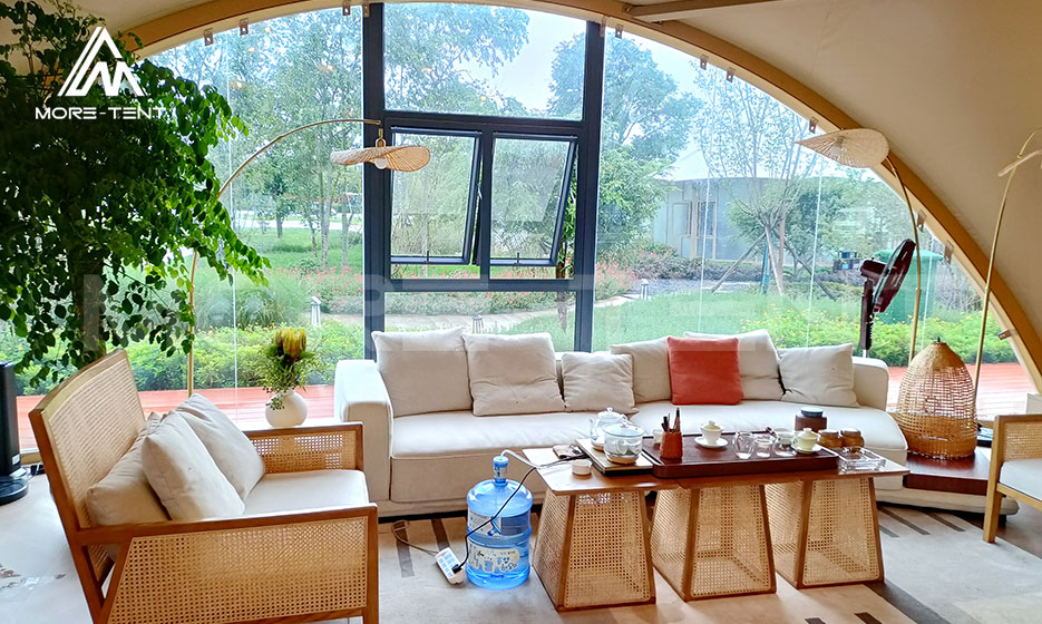 Bright glamping tent lounge for outdoor education and camp programs