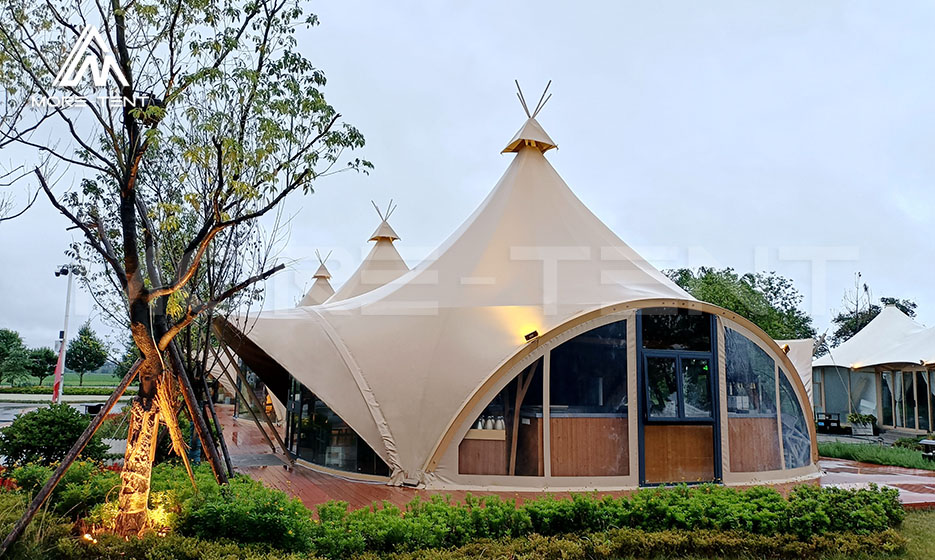 Large summer camp activity tent with arched panoramic windows