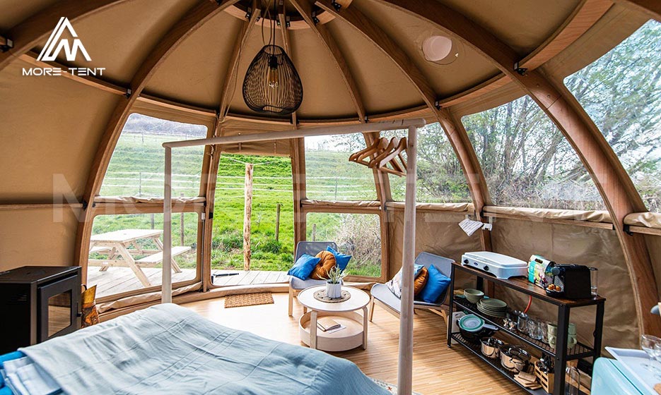 Panorama dome tent interior with flexible living space
