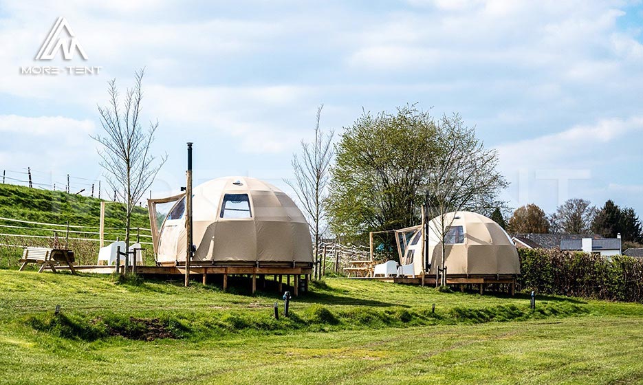 Panorama dome tents on raised decks in a rural resort